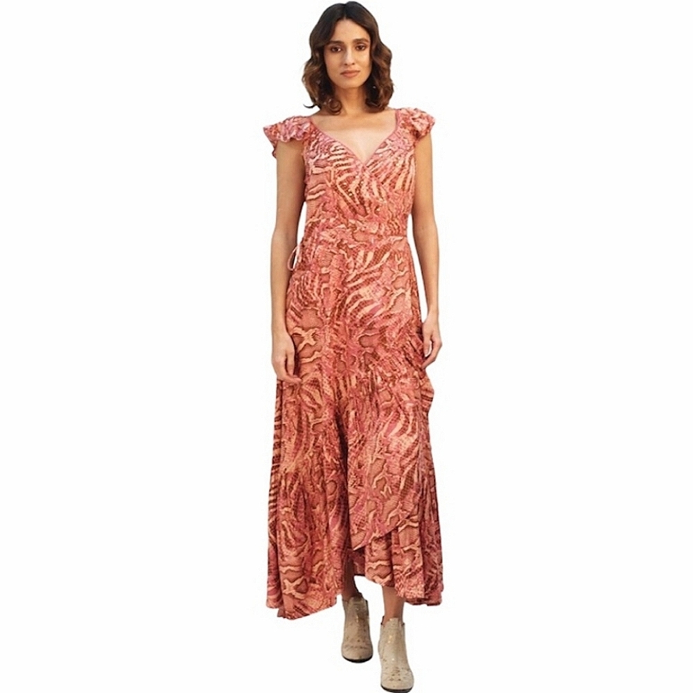 Anthropologie pink snake print wrap maxi dress sz M flutter sleeve